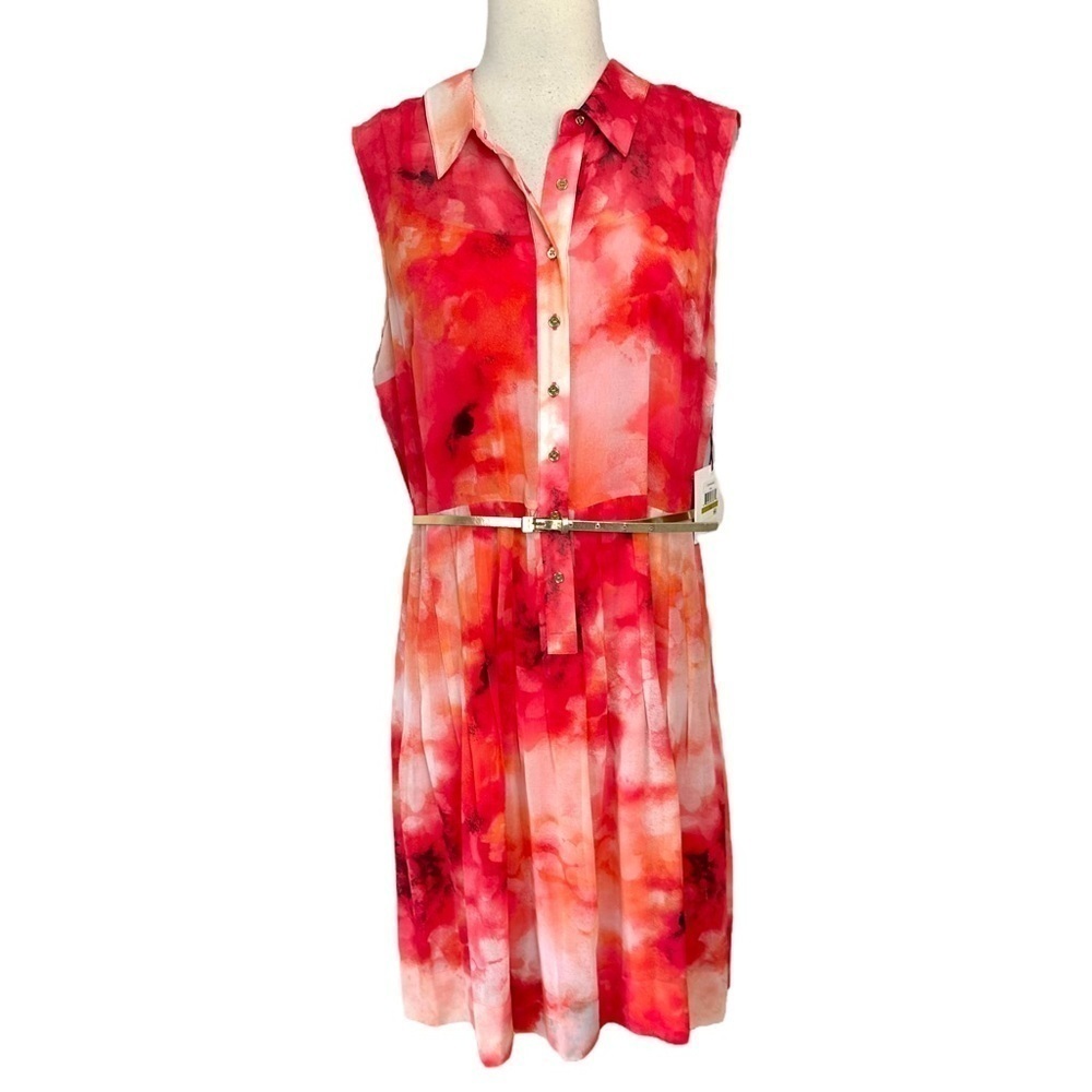 Calvin Klein 14 Pink + Orange Watercolor Print Sleeveless Belted Dress